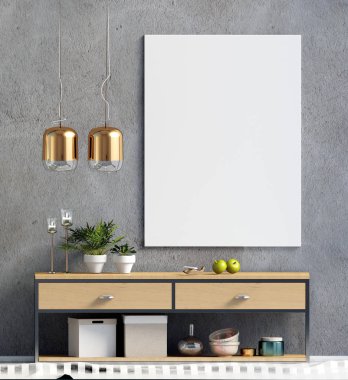 İskandinav tarzı modern iç mekan tasarımları. Poster alay. 3D