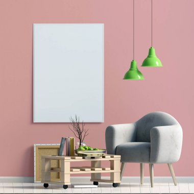 İskandinav tarzı modern iç mekan tasarımları. Poster alay. 3D