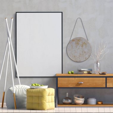 İskandinav tarzı modern iç mekan tasarımları. Poster alay. 3D