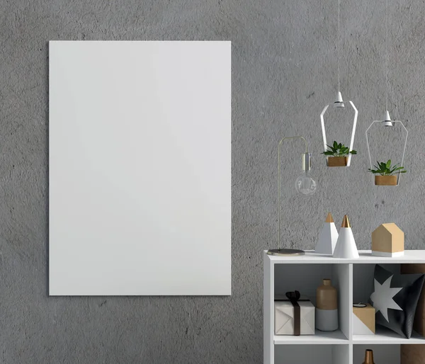 Modern interieur met nachtkastje, posters en lampen. poster ma — Stockfoto