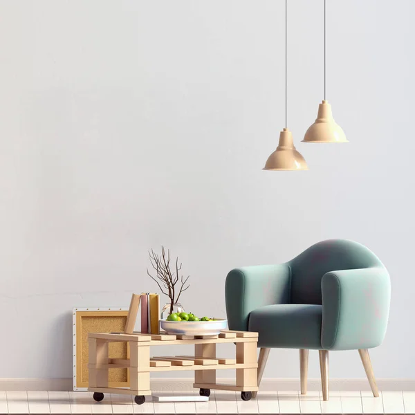 Modern interieur in Scandinavische stijl. Bespotten muur. 3D ik — Stockfoto