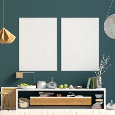İskandinav tarzı modern iç mekan tasarımları. Poster alay. 3D