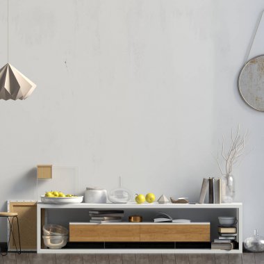 İskandinav tarzı modern iç mekan tasarımları. Duvar kadar alay et. 3D ben