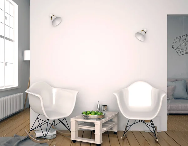 Interno moderno con sedia in plastica. Muro finto. Illustrazione 3d — Foto Stock