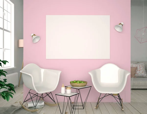 Interior moderno com cadeira de plástico. Cartaz mock up. 3d ilustrat — Fotografia de Stock