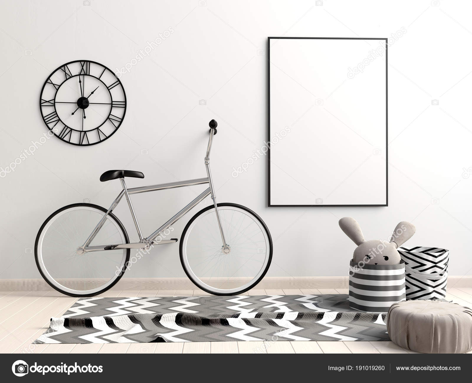 Interior moderno con carteles y bicicleta. cartel imitan para arriba