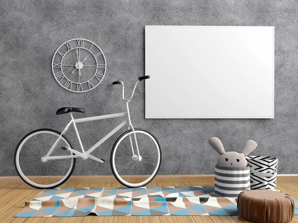 Modern interior with  posters and bicycle. poster mock up. 3D il