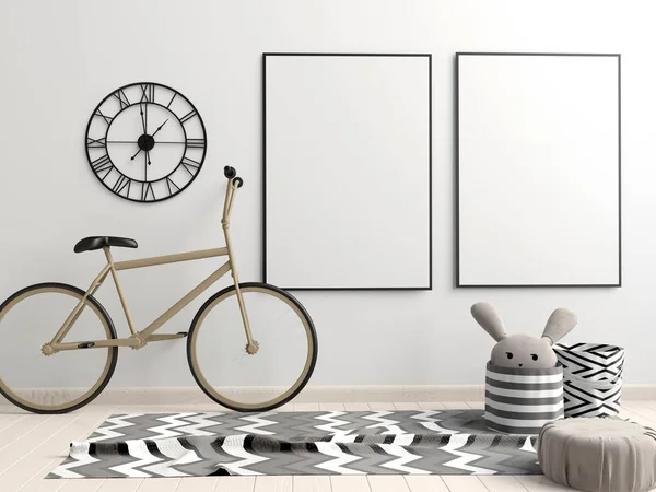 Modern interior with  posters and bicycle. poster mock up. 3D il — Stock Photo, Image