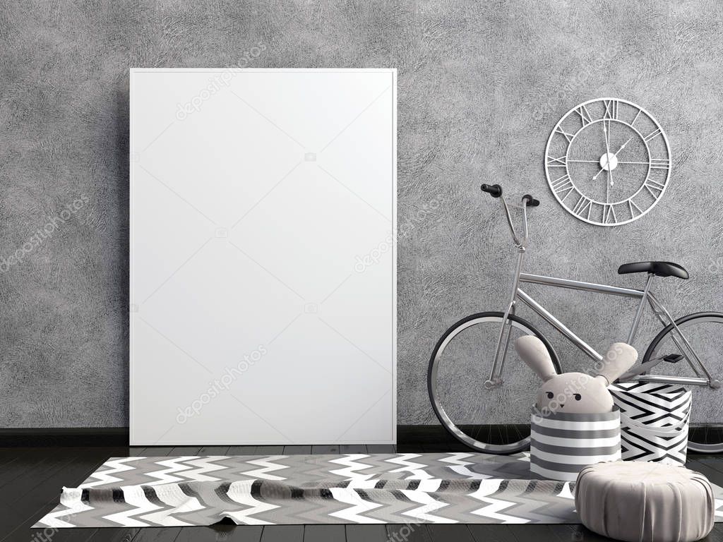 Modern interior with  posters and bicycle. poster mock up. 3D il