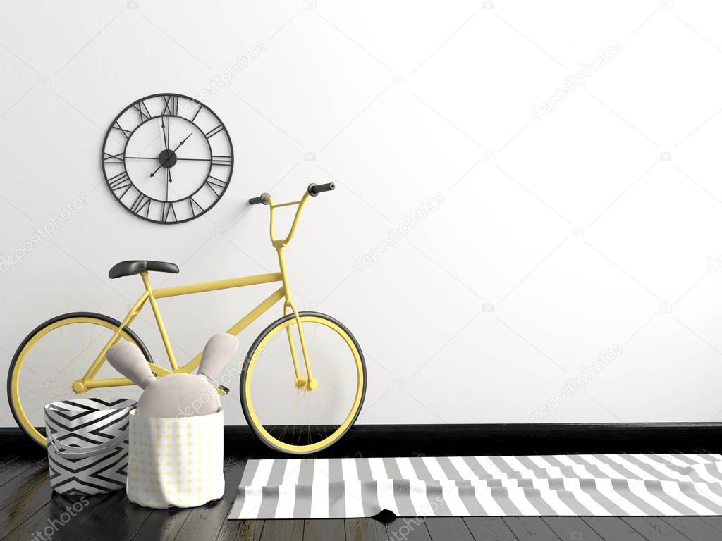 Modern interior with  bicycle. wall mock up. 3D illustration