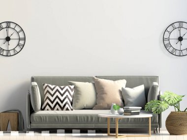 Sehpa ve Kanepeli modern iç. Duvar kadar sahte. 3D hasta