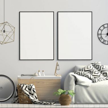 Modern iç raf, bitki ve kanepe. Poster kadar sahte. 3D Il