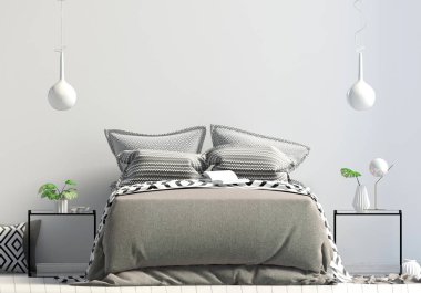 Yatak odası iç duvar alay et. Yatak odası İskandinav tarzı. 3D