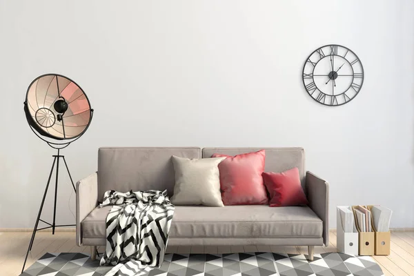 Современный интерьер с диваном. Стена макетирует. 3d иллюстрация. — стоковое фото