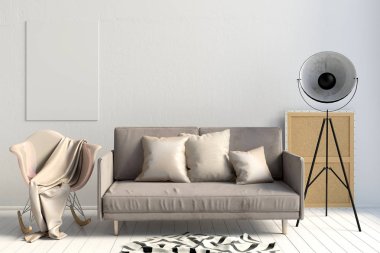 Modern iç kanepe ve sandalye ile. Duvar kadar sahte. 3D illustrati