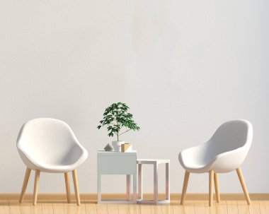 Modern iç kahve masa ve sandalye. Duvar kadar sahte. 3D Il