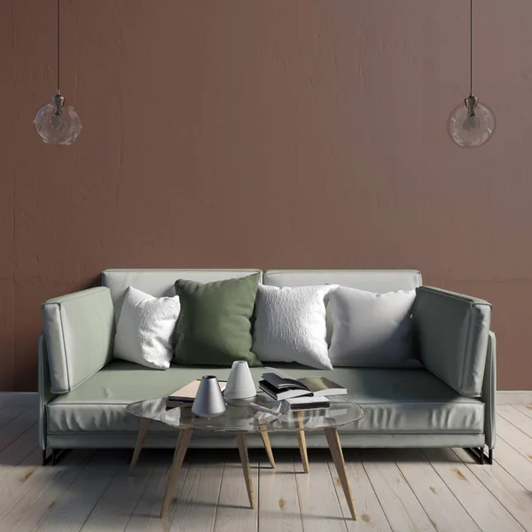 Modern interieur met koffietafel en slaapbank. Muur mock up. 3D ziek — Stockfoto