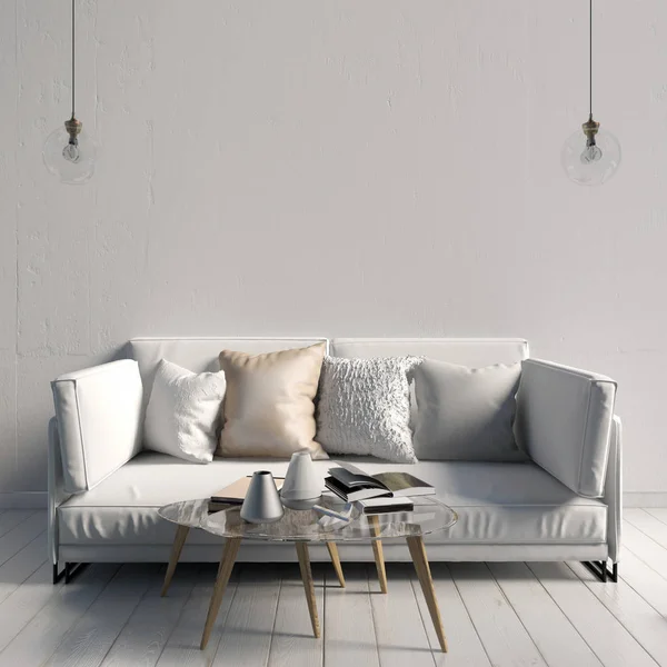Interior moderno com mesa de café e sofá. Escarnecer de parede. 3d doente — Fotografia de Stock
