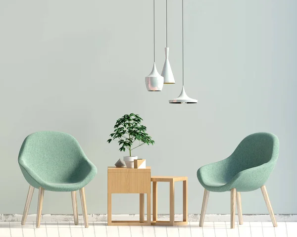 Interior moderno com mesa de café e cadeira. Escarnecer de parede. Il 3d — Fotografia de Stock