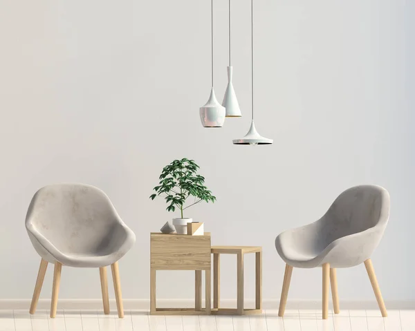 Interior moderno com mesa de café e cadeira. Escarnecer de parede. Il 3d — Fotografia de Stock