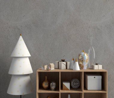 Credenza 'nın modern Noel iç mimarisi, İskandinav tarzı. Wal