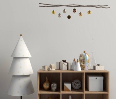 Credenza 'nın modern Noel iç mimarisi, İskandinav tarzı. Wal