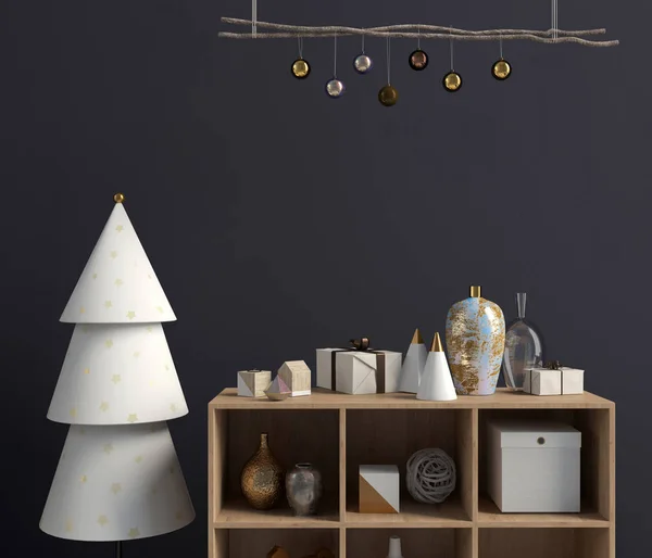 Modernes Weihnachtsinterieur mit credenza, skandinavischem Stil. wal — Stockfoto