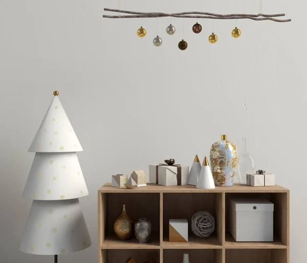 Modern Christmas interior with credenza, Scandinavian style. Wal — Stock Photo, Image