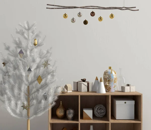 Modernes Weihnachtsinterieur mit credenza, skandinavischem Stil. wal — Stockfoto