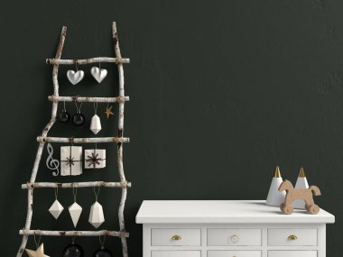 Credenza 'nın modern Noel iç mimarisi, İskandinav tarzı. Wal