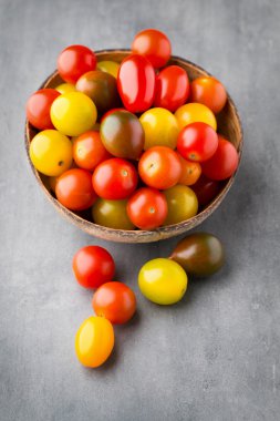 Domates gri bir arka plan. Renkli domates, kırmızı domates, siz