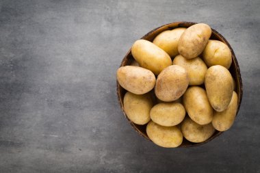 Kase, gri arka plan üzerinde yeni patates.