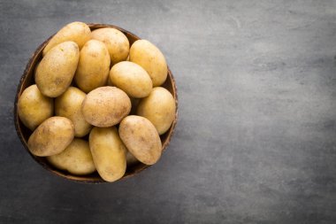 Kase, gri arka plan üzerinde yeni patates.