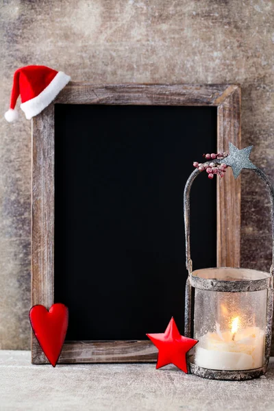 Quadro de Natal com decoração. Papai Noel, estrelas, Madeira — Fotografia de Stock