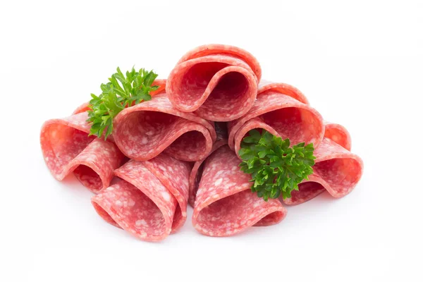 Salami sausage slices isolated on white background. — Stock Photo, Image