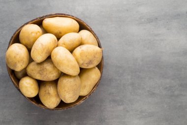 Kase, gri arka plan üzerinde yeni patates.