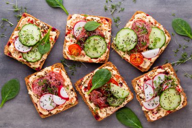 Krem peynirli, sebzeli ve salamlı sandviç. Salatalıklı sandviçler, turp, domates, gri arka planda salam, üst manzara. Düz yatıyordu.