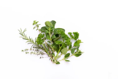 Beyaz arka planda izole edilmiş baharat bitkisi. Üst Manzara. Düz uzanma deseni.