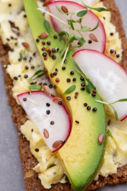 Krem peynirli, sebzeli ve salamlı mini sandviçler. Salatalıklı sandviçler, turp, domates, gri arka planda salam, üst manzara. Düz yatıyordu.