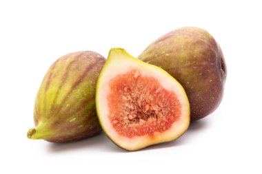 Beyaz arka planda izole edilmiş incir meyveleri. Üst Manzara. Düz yatıyordu.