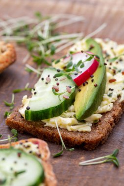 Krem peynirli, sebzeli ve salamlı mini sandviçler. Salatalıklı sandviçler, turp, domates, gri arka planda salam, üst manzara. Düz yatıyordu.