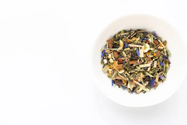 Kräutertee Auf Weißem Hintergrund Obst Und Kräuter Tee Kurkuma Ingwer — Stockfoto