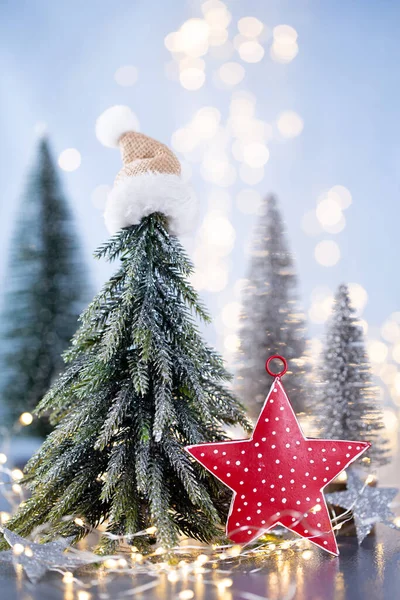 Albero Natale Sfondo Blu Bokeh — Foto Stock