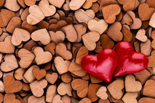 Bakgrund Trä Hjärtan Rött Hjärta Hel Del Dekorativa Trä Hjärtan — Stockfoto