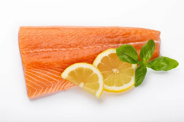 Slice Red Fish Salmon Lemon Basil Isolated White Background Top — Stock Photo, Image