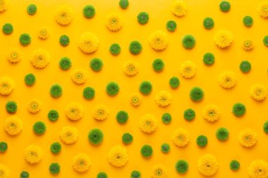 Sarı arka planda sarı çiçek deseni. Gerbera bahar çiçekleri canlı bir arkaplanda düzenlenmiştir. Üst Manzara. Düz yatıyordu. Sevgililer Günü geçmişi. Çiçek deseni. Yaz, bahar, Anneler Günü, 8 Mart