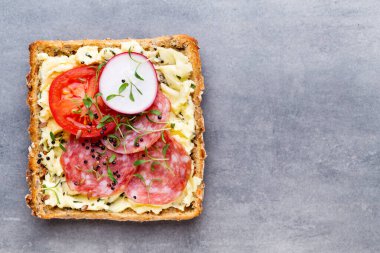 Krem peynirli, sebzeli ve salamlı mini sandviçler. Salatalıklı sandviçler, turp, domates, gri arka planda salam, üst manzara. Düz yatıyordu.