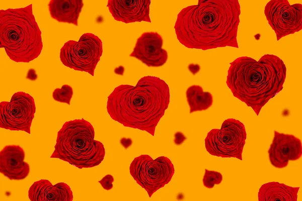 Blumenmuster Aus Roten Herzrosen Farbiger Hintergrund Flache Lage Draufsicht Valentins — Stockfoto