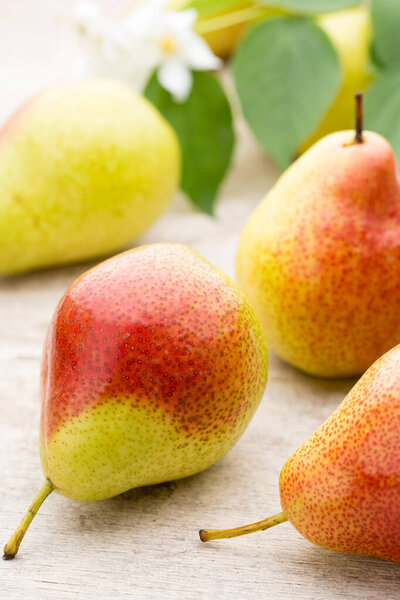 Свежие биозрелые органические груши на деревенском деревянном столе.