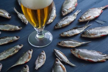 Bira ve kurutulmuş balık. Rus snack .